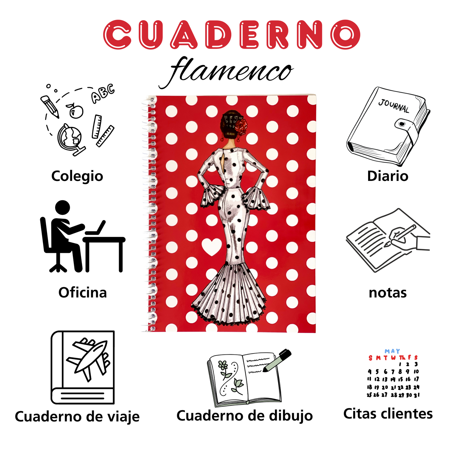 🔥 3x2 Oferta – Libreta/Cuaderno Flamenca María – 100 Páginas Cuadriculadas – 17x24 cm – Tapa Semirrígida Roja con Lunares Blancos – Papel 80 g – Diseño Ilustrado con Corazones – Idea de Regalo Flamenco