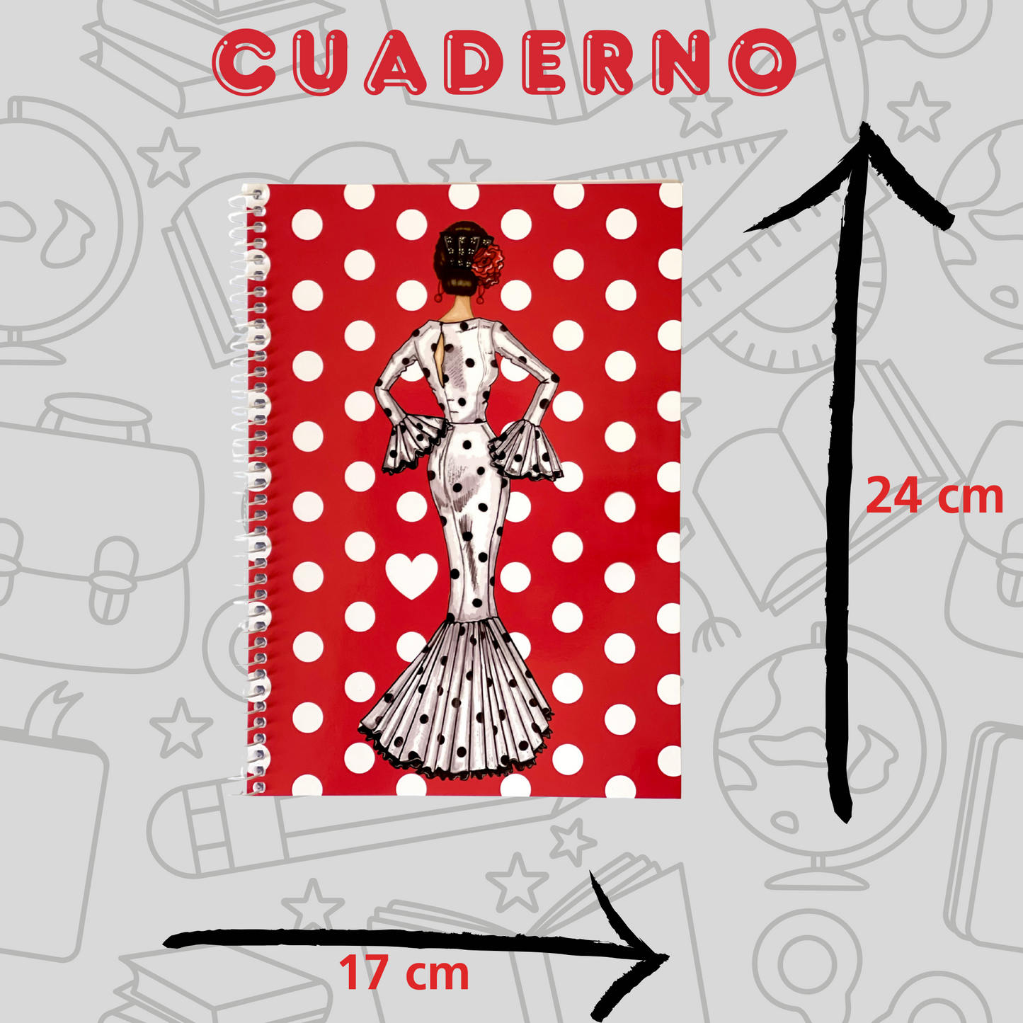 🔥 3x2 Oferta – Libreta/Cuaderno Flamenca María – 100 Páginas Cuadriculadas – 17x24 cm – Tapa Semirrígida Roja con Lunares Blancos – Papel 80 g – Diseño Ilustrado con Corazones – Idea de Regalo Flamenco