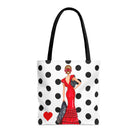 Modelo de la Bolsa Tote de Poliéster 400 g/m² (43x43 cm) - Diseño Flamenca Manuela rojo con fondo blanco, perfecta como bolsa tote flamenca reutilizable.