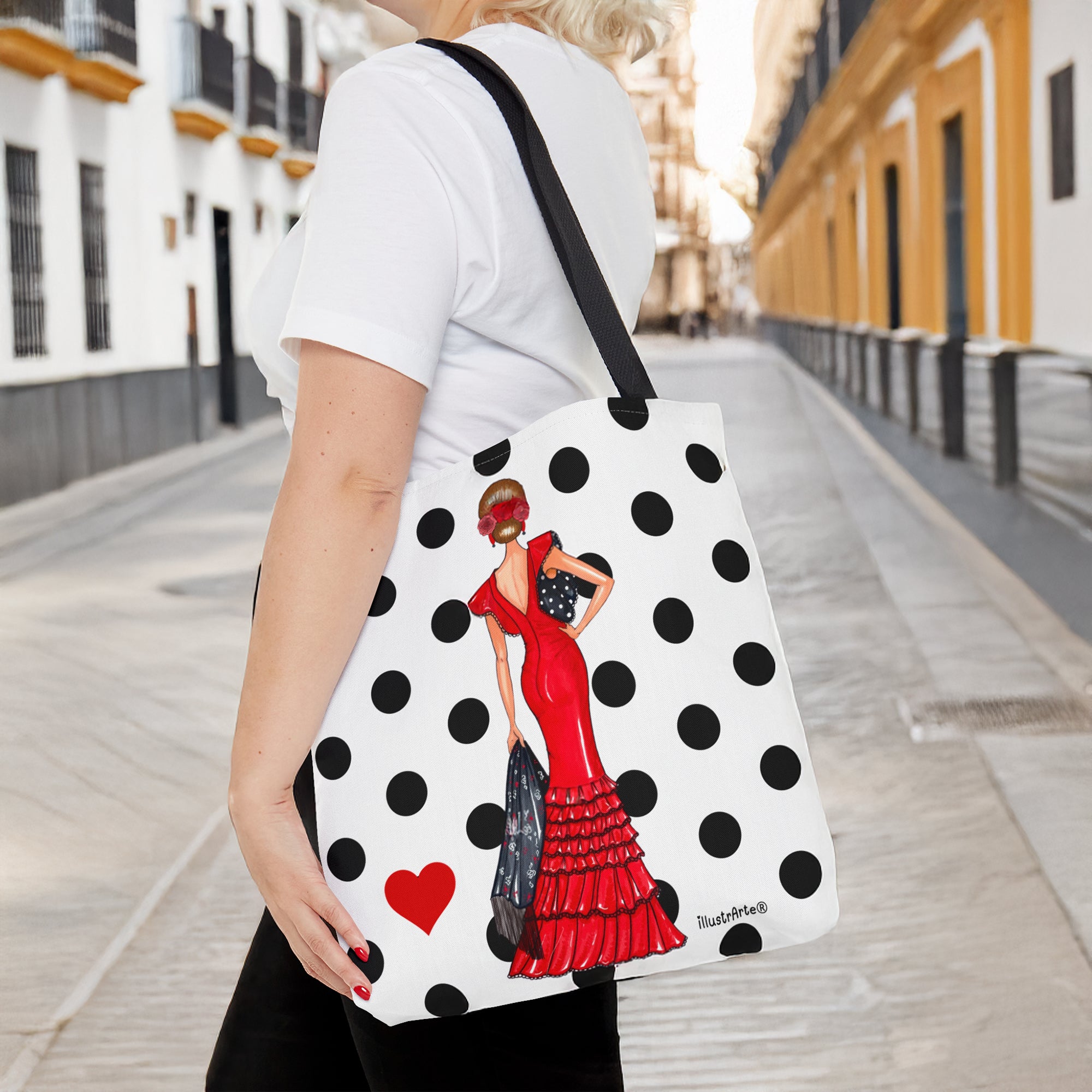 Detalle de las asas de 60 cm de la Bolsa Tote de Poliéster 400 g/m² - Diseño Flamenca Manuela, una opción práctica y estilizada como bolsa tote flamenca.