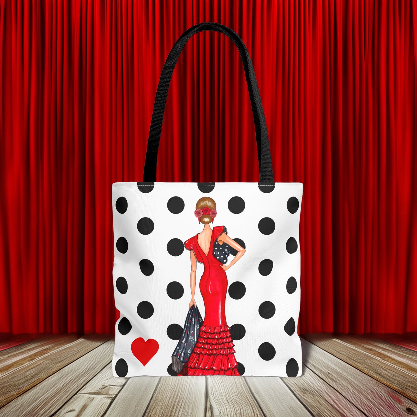 Vista frontal de la Bolsa Tote de Poliéster 400 g/m² - Diseño Flamenca Manuela rojo con lunares, una bonita bolsa tote flamenca artística.