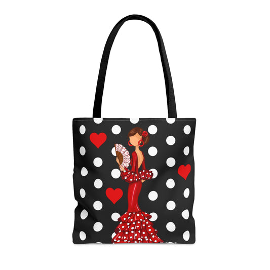 Asas de 60 cm de la bolsa tote flamenca en diseño flamenca Pepa con lunares, perfecta para el uso diario.