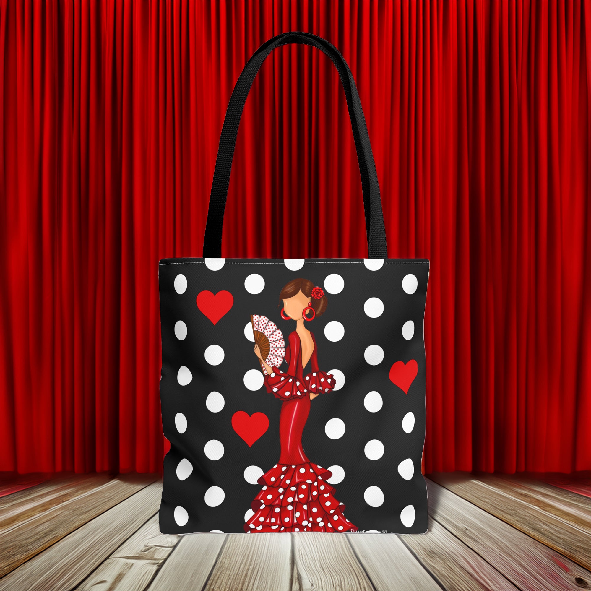 Bolsa tote flamenca de poliéster resistente, ideal para llevar libros y compras, destacando su diseño único.