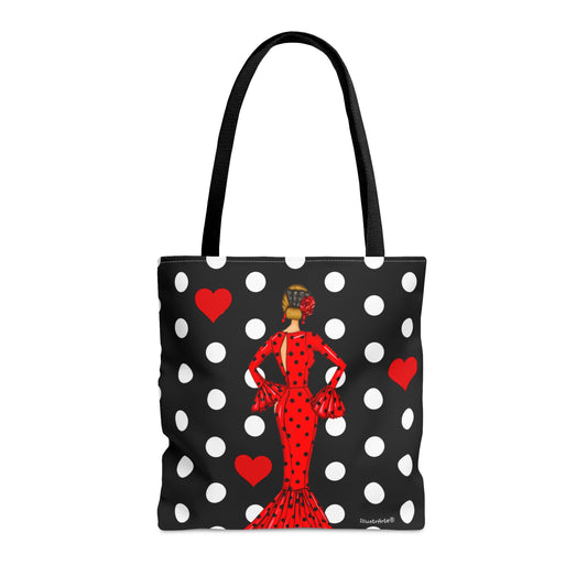 Bolsito tote flamenca con ilustración de la flamenca María en colores vibrantes, una opción práctica y estilosa para uso diario.