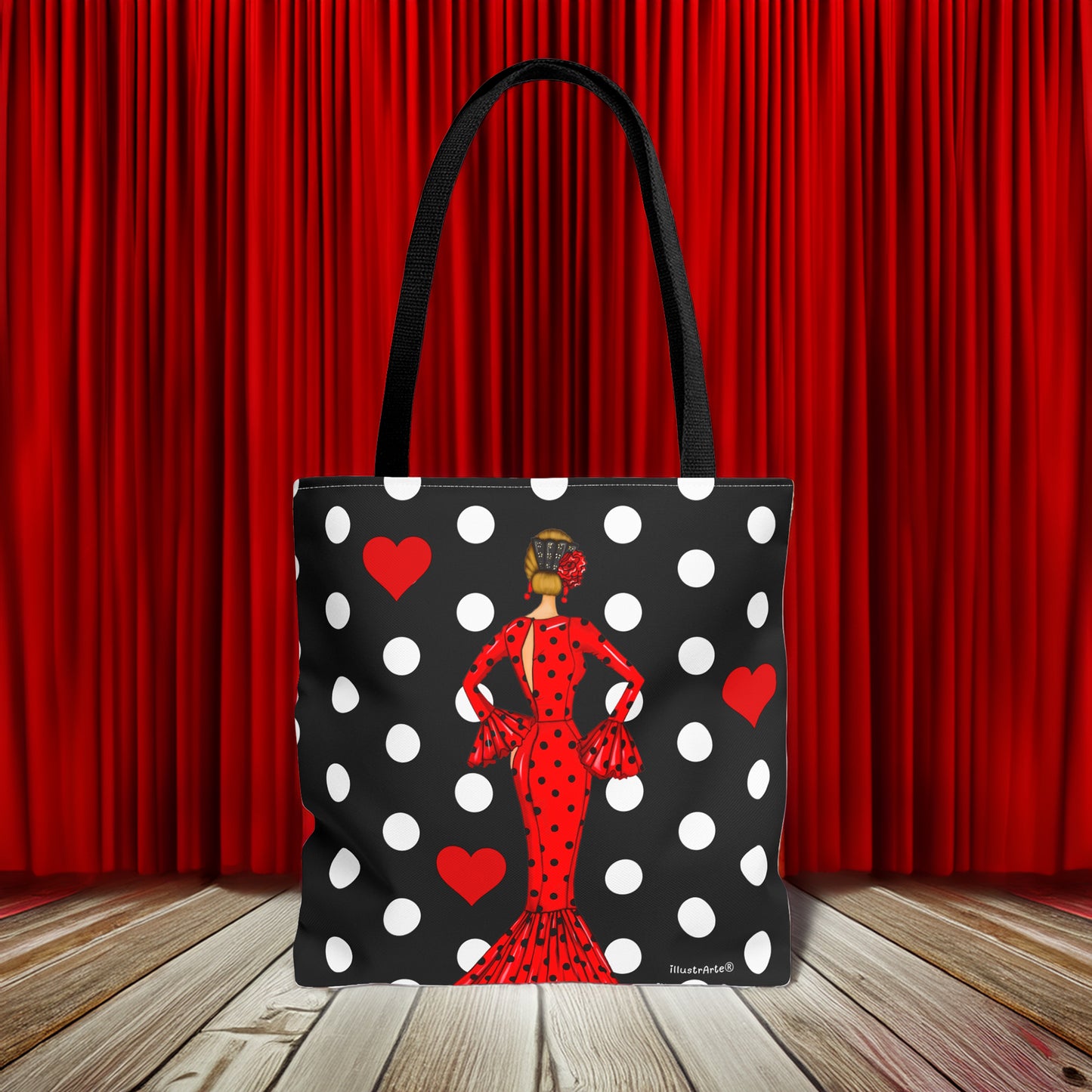Diseño de doble cara de la bolsa tote flamenca, mostrando la hermosa ilustración de la flamenca María, un accesorio artístico y funcional.