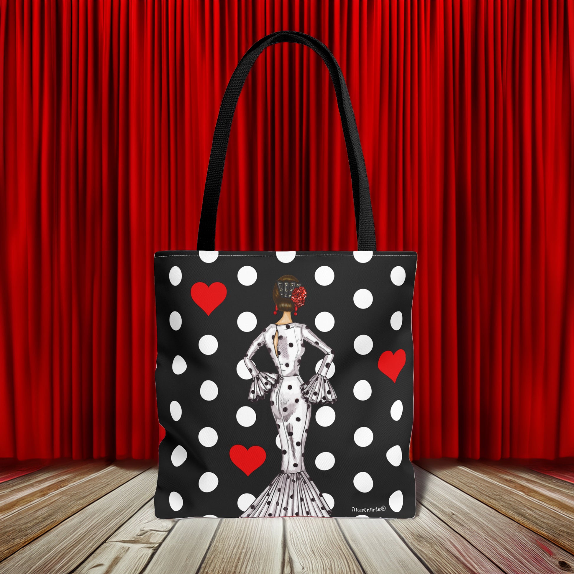 Interior espacioso de la bolsa tote flamenca, ideal para libros y compras, presentada en un diseño vibrante.
