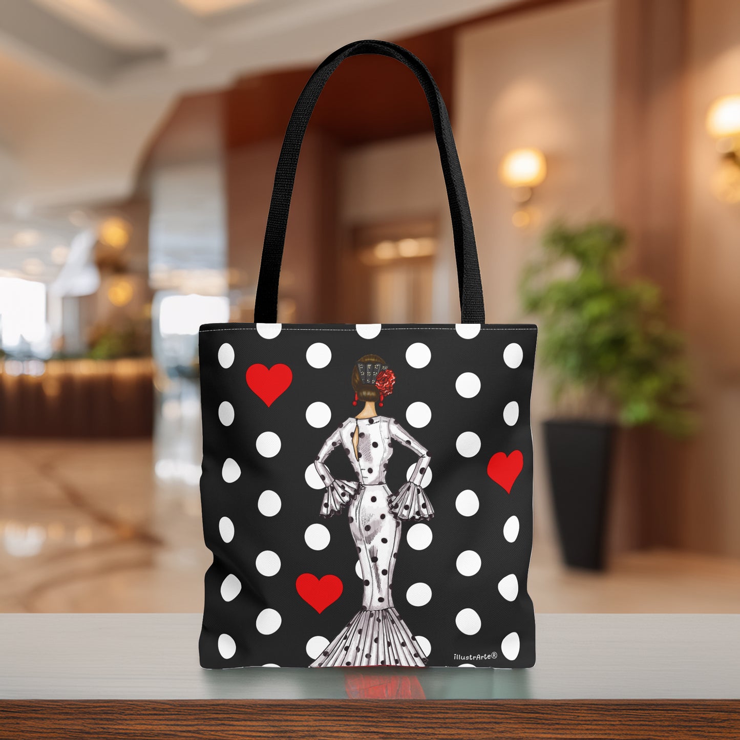 Pack Regalo Flamenca María Blanco – Botella Térmica Negra con Vestido Blanco + Bolso Málaga “María Blanco Fondo Negro”