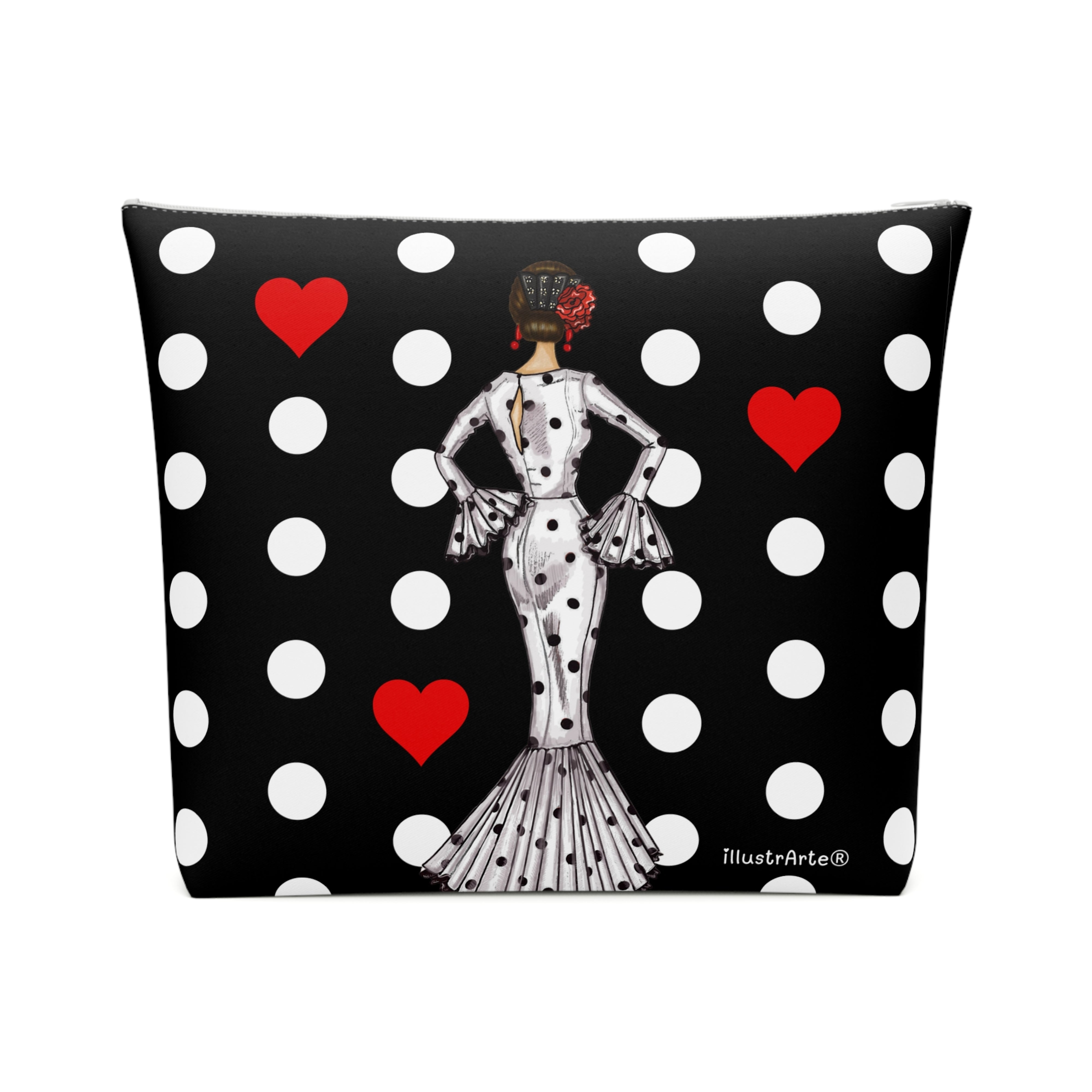 Neceser Sevilla illustrArte 25 x 26 cm – diseño María Blanco, fondo negro con lunares