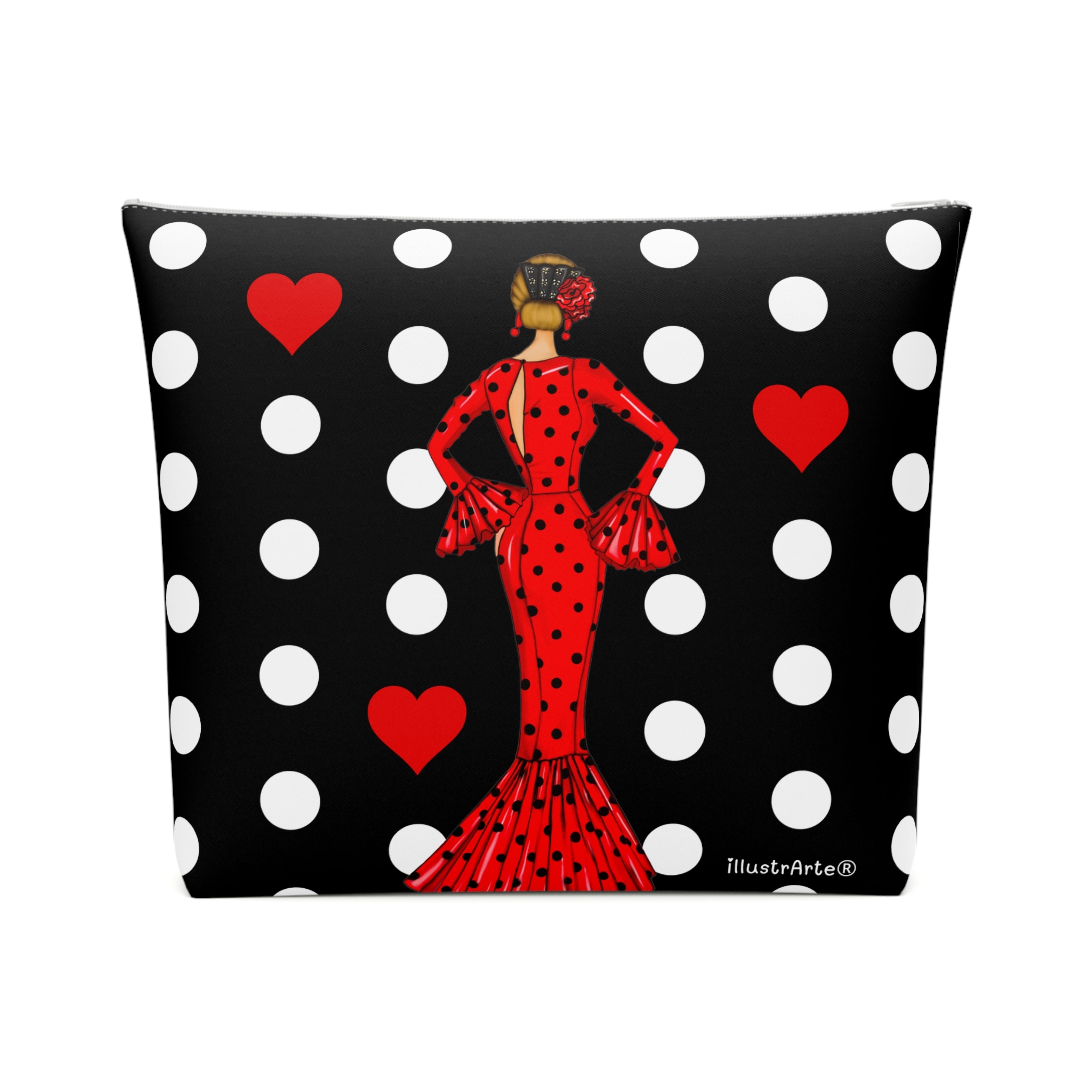 Neceser Sevilla illustrArte 25 x 26 cm – diseño María Rojo, fondo negro con lunares