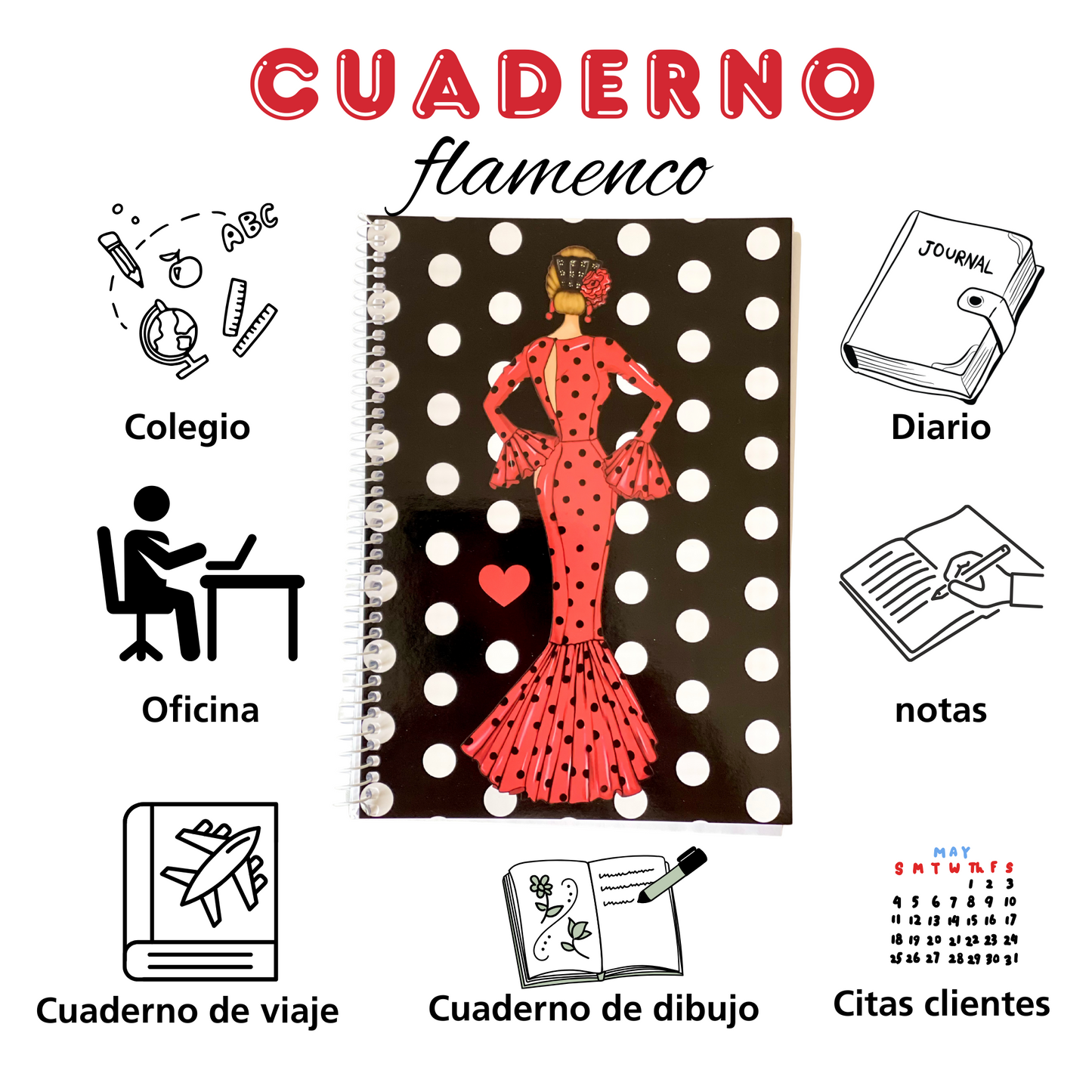 🔥 3x2 Oferta – Libreta/Cuaderno Flamenca María Rojo – 100 Páginas Cuadriculadas – 17x24 cm – Tapa Semirrígida Negra con Lunares Blancos – Papel 80 g – Diseño Ilustrado – Idea de Regalo Flamenco