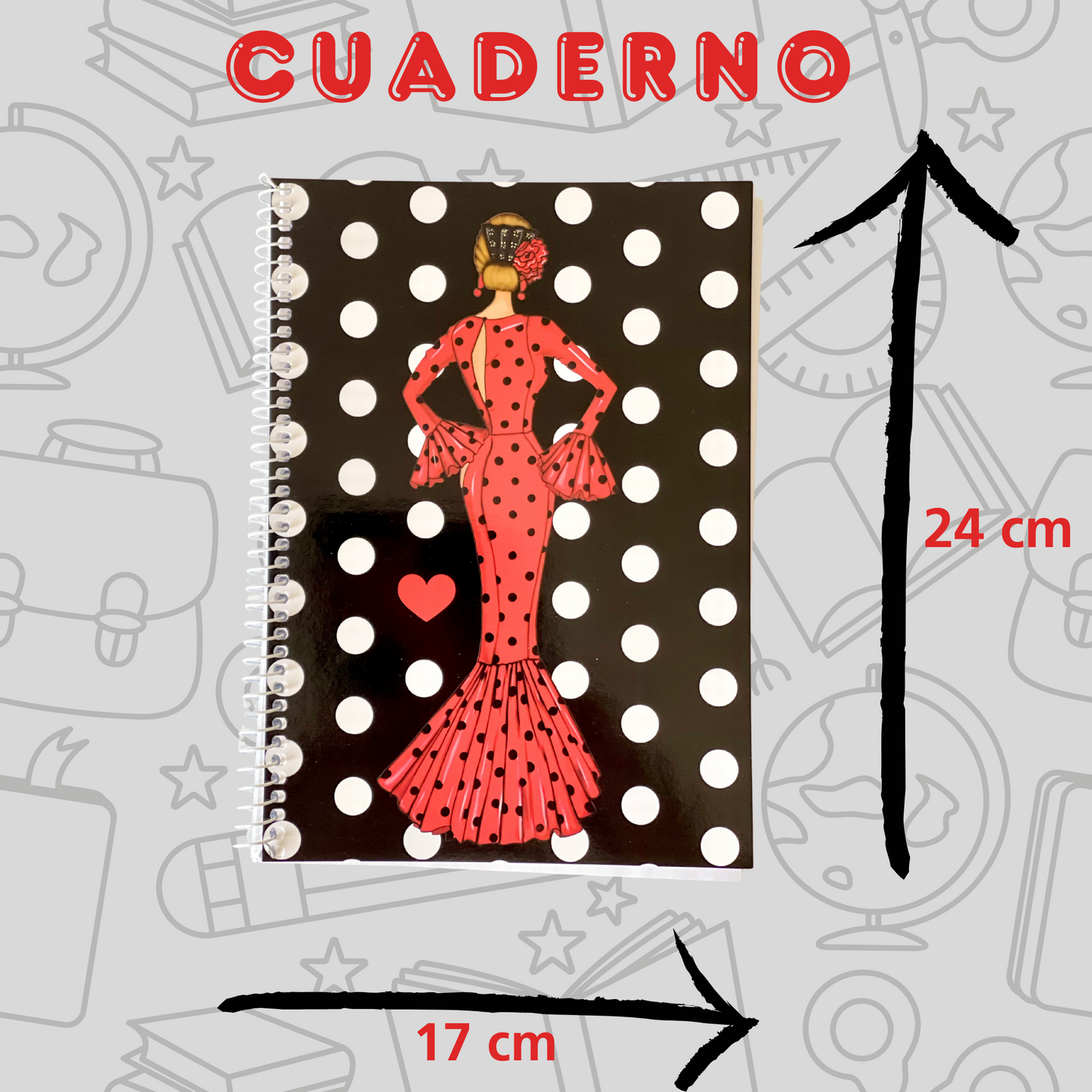 🔥 3x2 Oferta – Libreta/Cuaderno Flamenca María Rojo – 100 Páginas Cuadriculadas – 17x24 cm – Tapa Semirrígida Negra con Lunares Blancos – Papel 80 g – Diseño Ilustrado – Idea de Regalo Flamenco