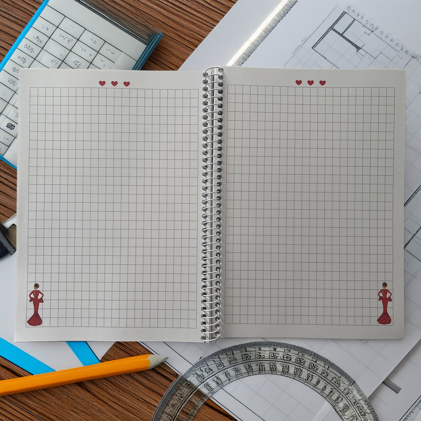 🔥 3x2 Oferta – Libreta/Cuaderno Flamenca María Rojo – 100 Páginas Cuadriculadas – 17x24 cm – Tapa Semirrígida Negra con Lunares Blancos – Papel 80 g – Diseño Ilustrado – Idea de Regalo Flamenco