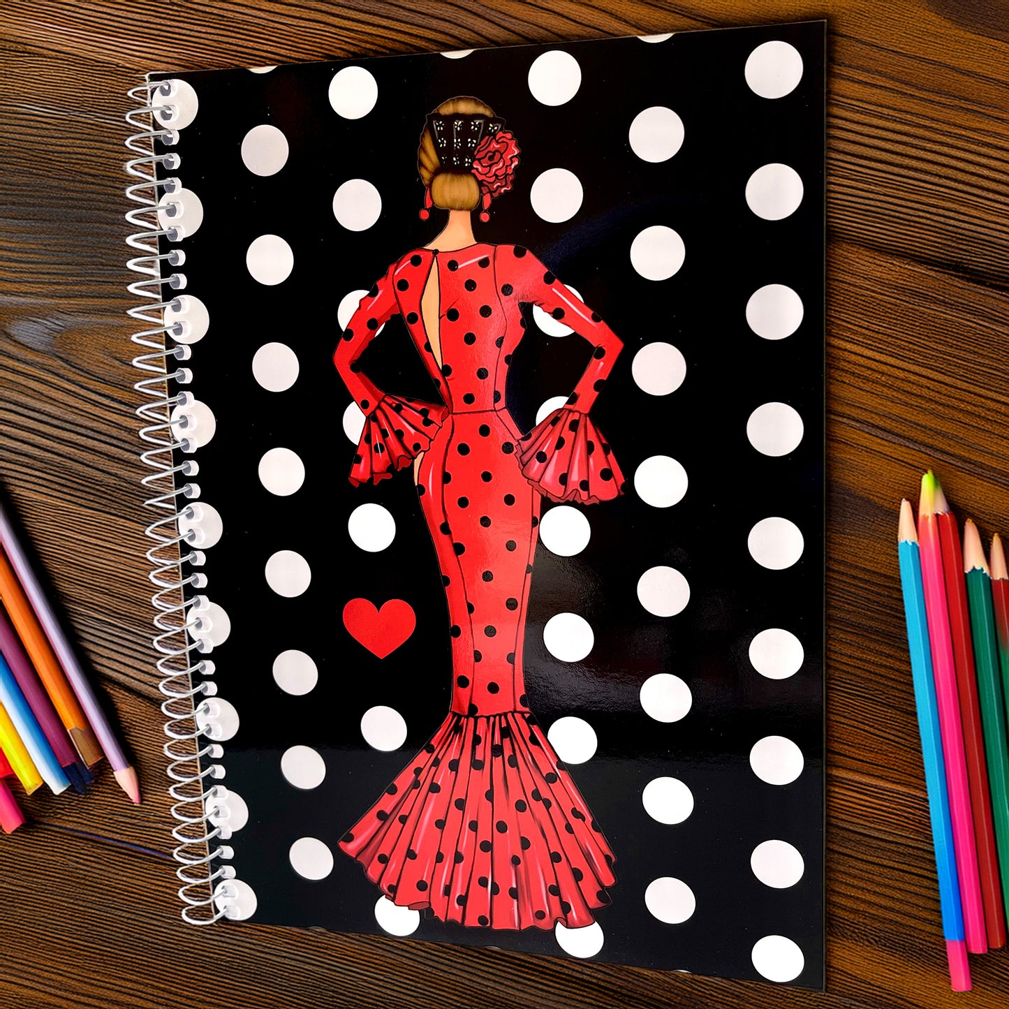 🔥 3x2 Oferta – Libreta/Cuaderno Flamenca María Rojo – 100 Páginas Cuadriculadas – 17x24 cm – Tapa Semirrígida Negra con Lunares Blancos – Papel 80 g – Diseño Ilustrado – Idea de Regalo Flamenco