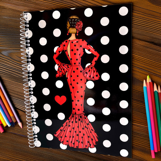 🔥 3x2 Oferta – Libreta/Cuaderno Flamenca María Rojo – 100 Páginas Cuadriculadas – 17x24 cm – Tapa Semirrígida Negra con Lunares Blancos – Papel 80 g – Diseño Ilustrado – Idea de Regalo Flamenco