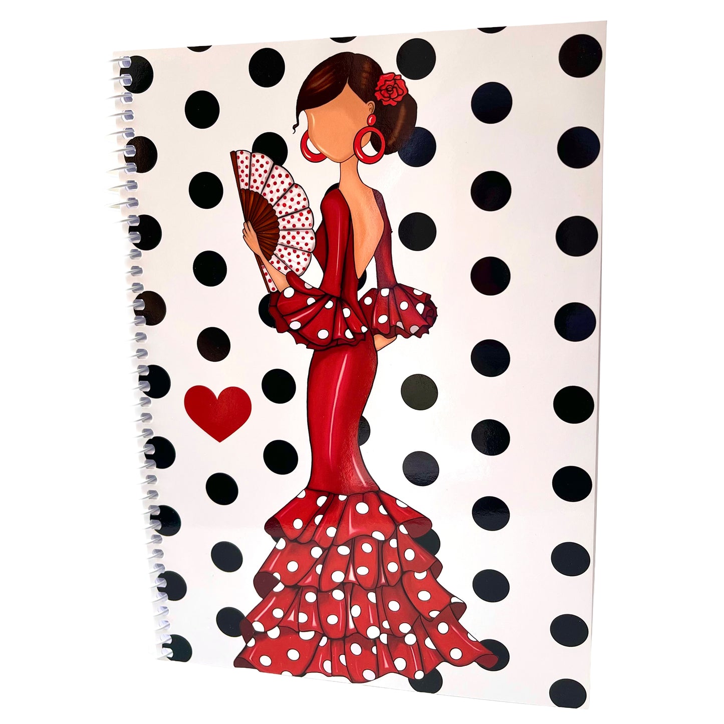 🔥 3x2 Oferta – Libreta/Cuaderno Flamenca Pepa – 100 Páginas Cuadriculadas – 17x24 cm – Tapa Semirrígida Blanca con Lunares Negros – Papel 80 g – Diseño Ilustrado con Abanico – Idea de Regalo Flamenco