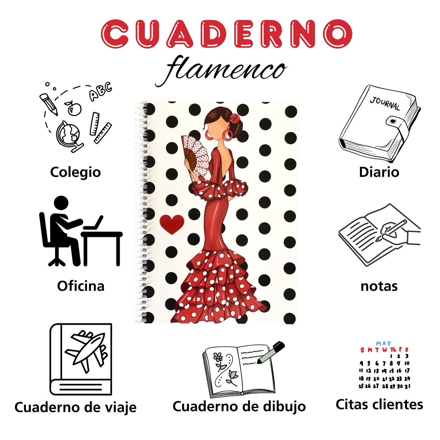 Pack Bolsa “Pepa” Málaga liso + Cuaderno “Pepa” – Set flamenco con mucho arte illustrArte