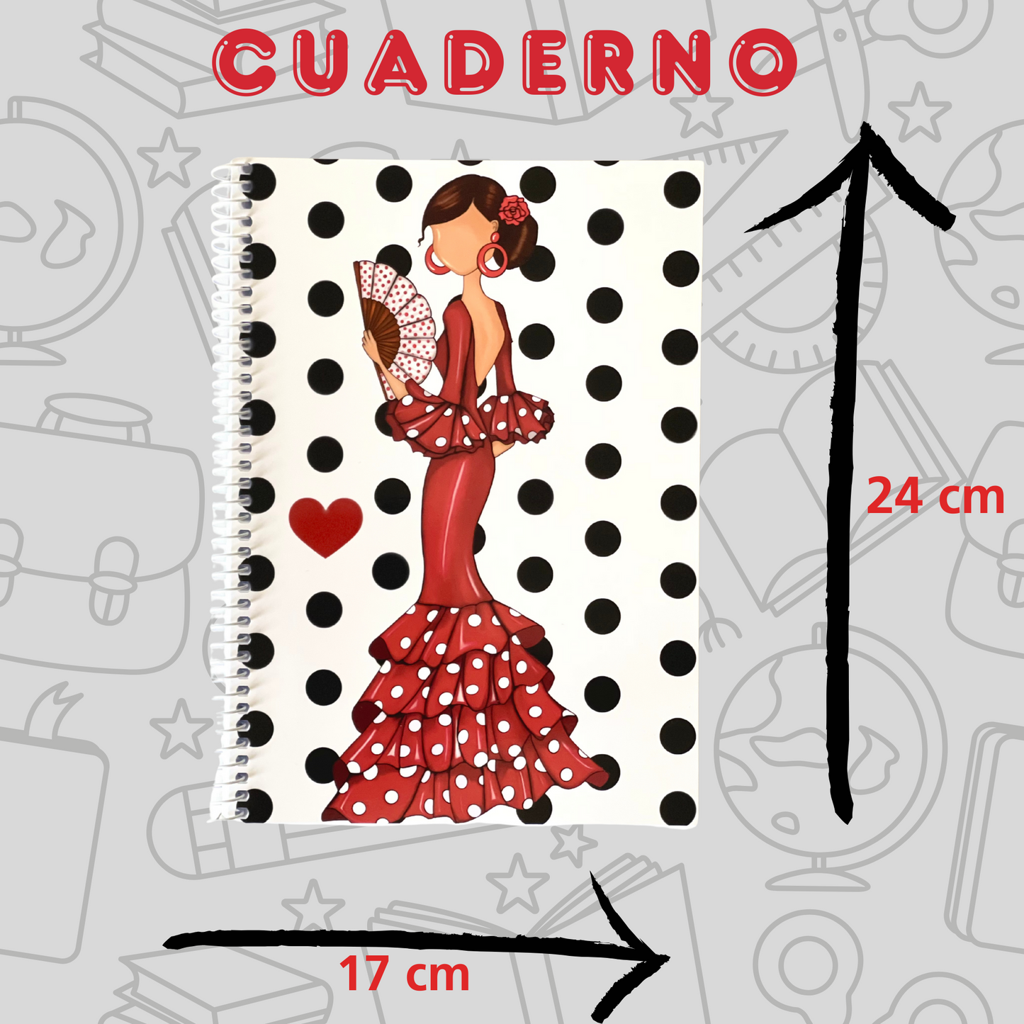 🔥 3x2 Oferta – Libreta/Cuaderno Flamenca Pepa – 100 Páginas Cuadriculadas – 17x24 cm – Tapa Semirrígida Blanca con Lunares Negros – Papel 80 g – Diseño Ilustrado con Abanico – Idea de Regalo Flamenco