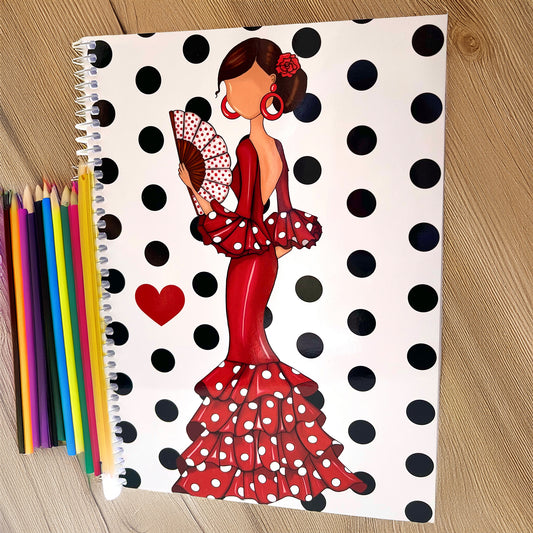 🔥 3x2 Oferta – Libreta/Cuaderno Flamenca Pepa – 100 Páginas Cuadriculadas – 17x24 cm – Tapa Semirrígida Blanca con Lunares Negros – Papel 80 g – Diseño Ilustrado con Abanico – Idea de Regalo Flamenco