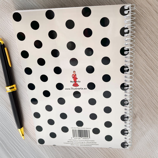 🔥 3x2 Oferta – Libreta/Cuaderno Flamenca Pepa – 100 Páginas Cuadriculadas – 17x24 cm – Tapa Semirrígida Blanca con Lunares Negros – Papel 80 g – Diseño Ilustrado con Abanico – Idea de Regalo Flamenco