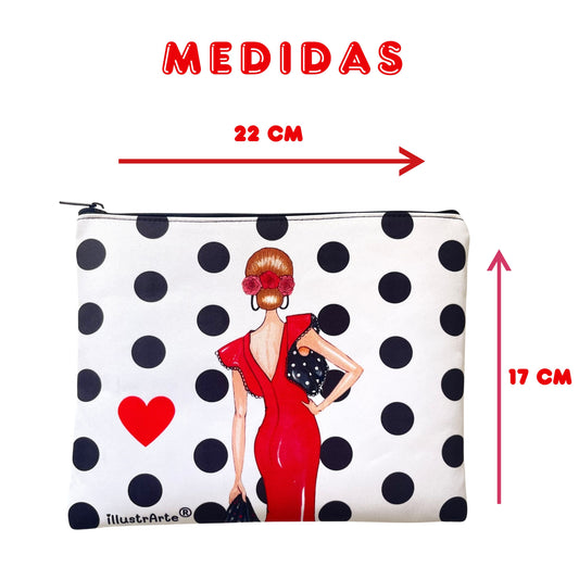 Neceser Granada – Flamenca Manuela rojo – doble cara – 22x17 cm – impermeable – fondo blanco con lunares negros – viaje/aseo