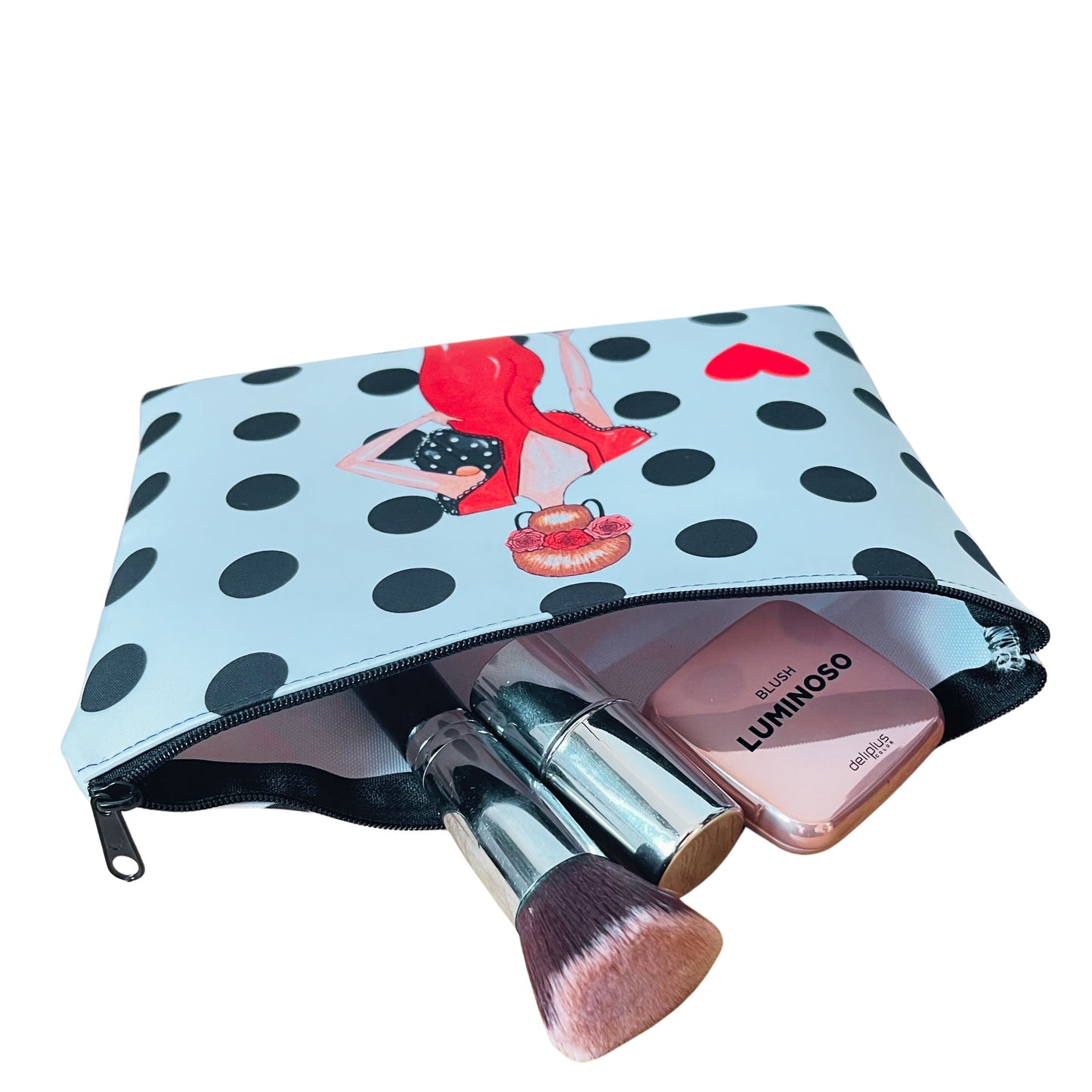 Neceser Granada – Flamenca Manuela rojo – doble cara – 22x17 cm – impermeable – fondo blanco con lunares negros – viaje/aseo