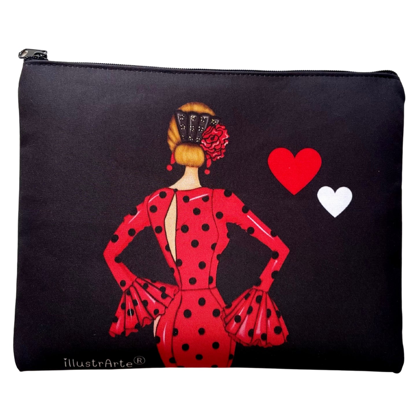 Neceser Granada – Flamenca María rojo – doble cara – 22x17 cm – impermeable – fondo negro – viaje/aseo