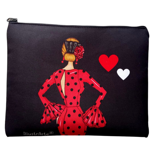 Neceser Granada – Flamenca María rojo – doble cara – 22x17 cm – impermeable – fondo negro – viaje/aseo
