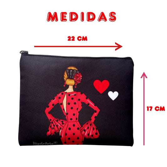 Neceser Granada – Flamenca María rojo – doble cara – 22x17 cm – impermeable – fondo negro – viaje/aseo