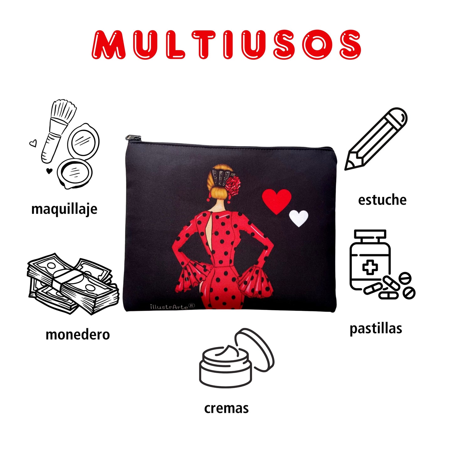 Neceser Granada – Flamenca María rojo – doble cara – 22x17 cm – impermeable – fondo negro – viaje/aseo