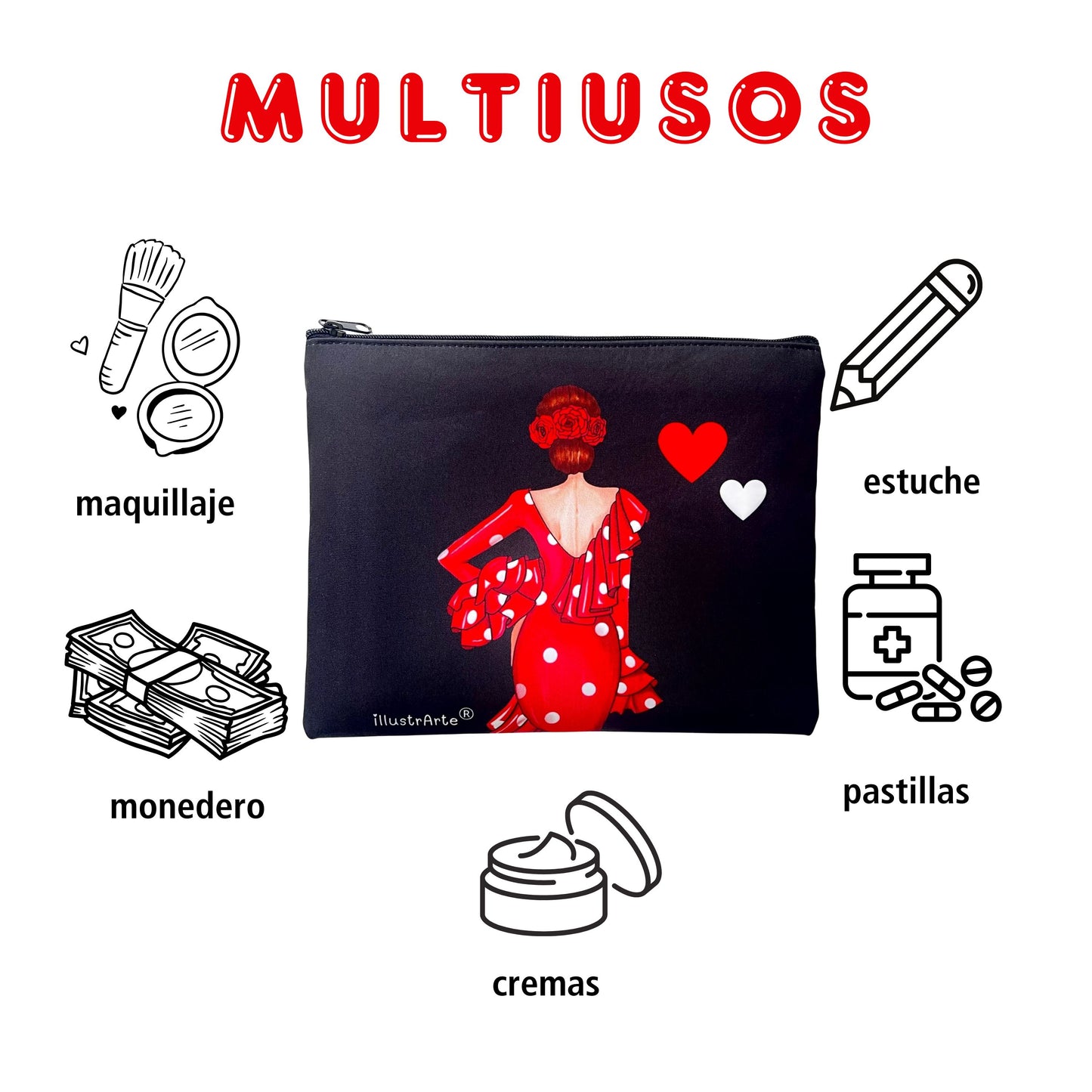 Pack Regalo Flamenca Macarena – Botella Térmica Negra con Vestido Rojo + Neceser Granada “Macarena Fondo Negro”