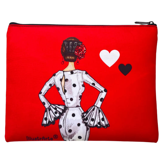 Neceser Granada – Flamenca María blanco – doble cara – 22x17 cm – impermeable – fondo rojo – viaje/aseo