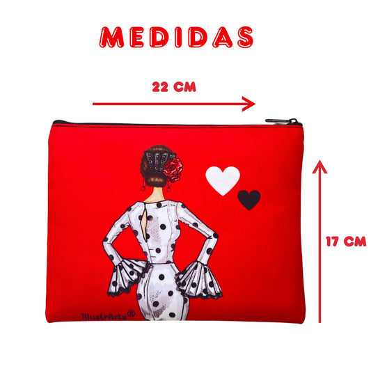 Neceser Granada – Flamenca María blanco – doble cara – 22x17 cm – impermeable – fondo rojo – viaje/aseo