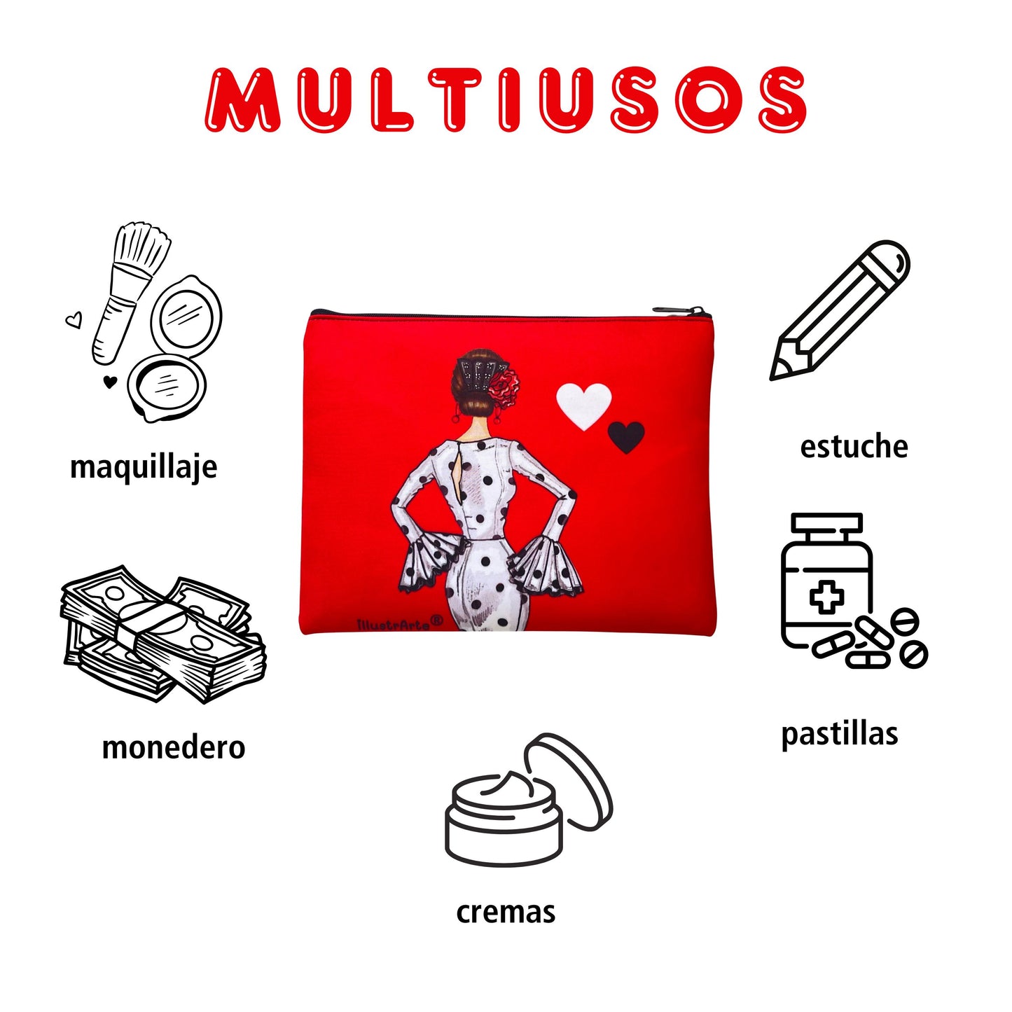 Pack Regalo Flamenca María – Botella Térmica Roja con Vestido Blanco + Neceser Granada “María Blanco Fondo Rojo”