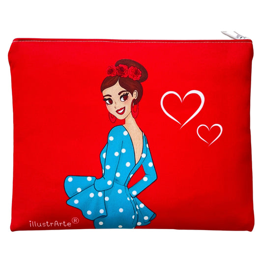 Neceser Granada – Flamenca Paquita – doble cara – 22x17 cm – impermeable – fondo rojo – viaje/aseo