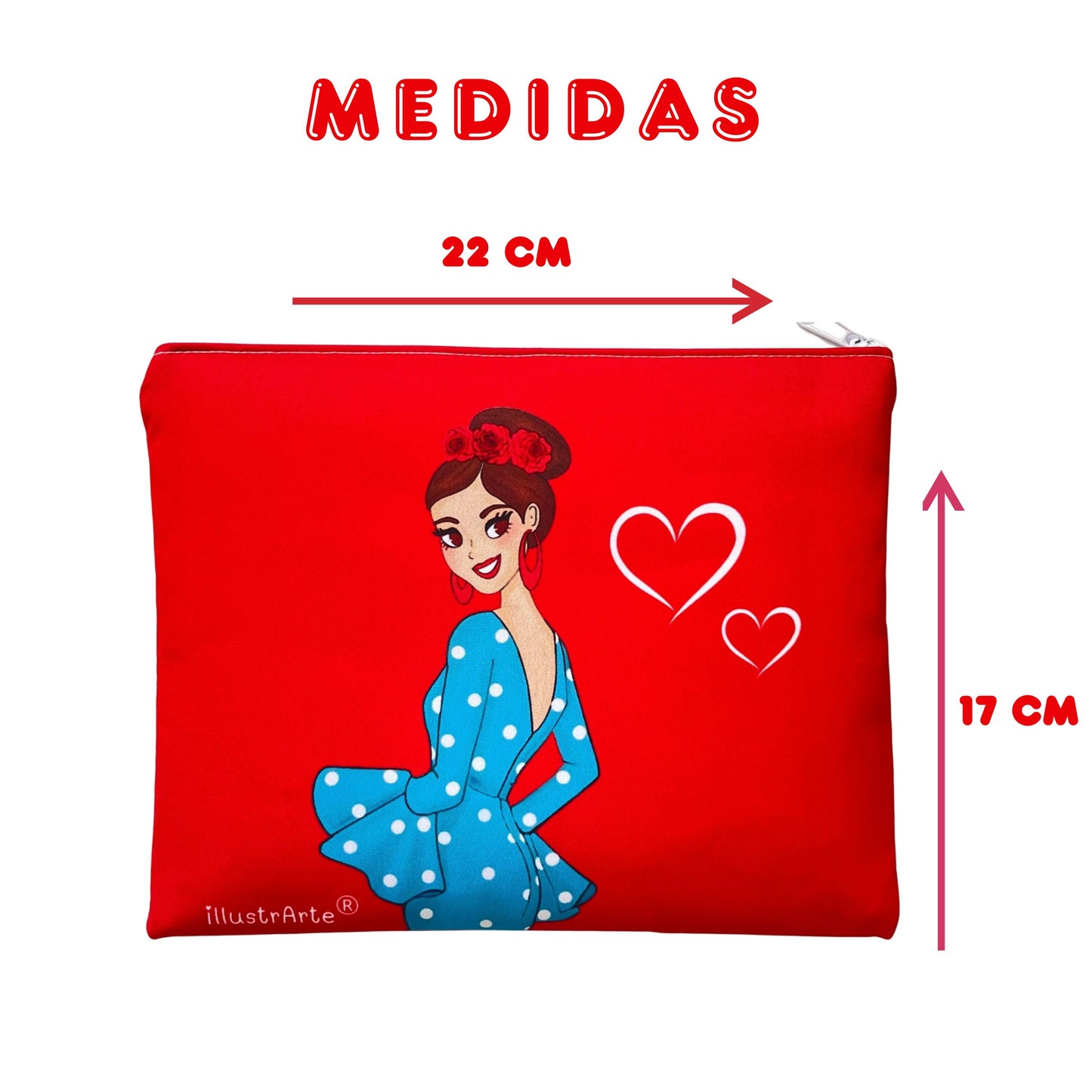 Neceser Granada – Flamenca Paquita – doble cara – 22x17 cm – impermeable – fondo rojo – viaje/aseo