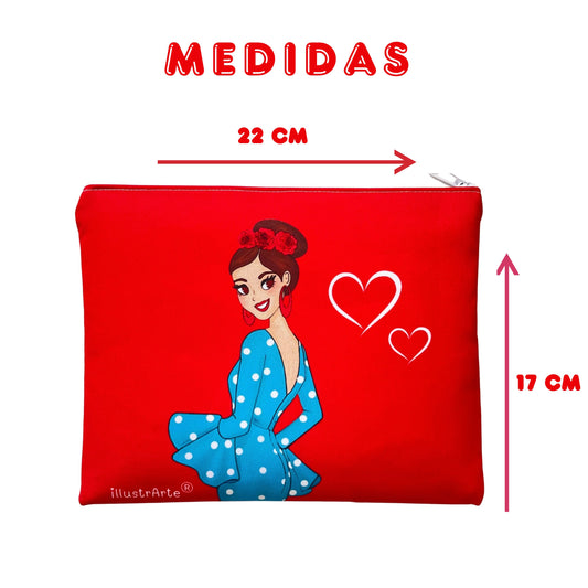 Neceser Granada – Flamenca Paquita – doble cara – 22x17 cm – impermeable – fondo rojo – viaje/aseo