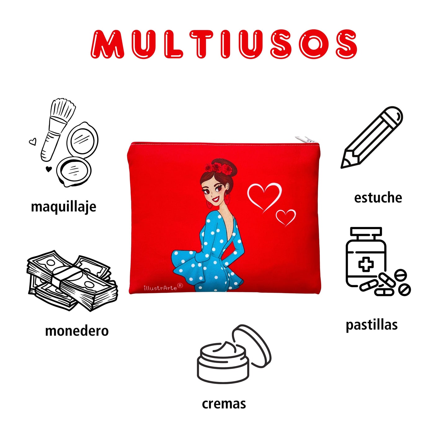 Neceser Granada – Flamenca Paquita – doble cara – 22x17 cm – impermeable – fondo rojo – viaje/aseo