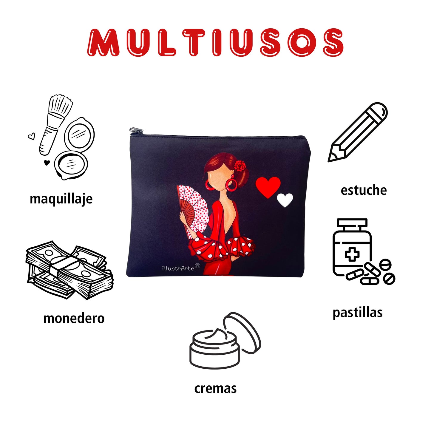 Flamenco Pepa Gift Pack – Black Thermal Bottle with Red Dress + Cádiz Bag “Pepa in Red Dress” + Granada Toiletry Bag “Pepa in Red Dress”