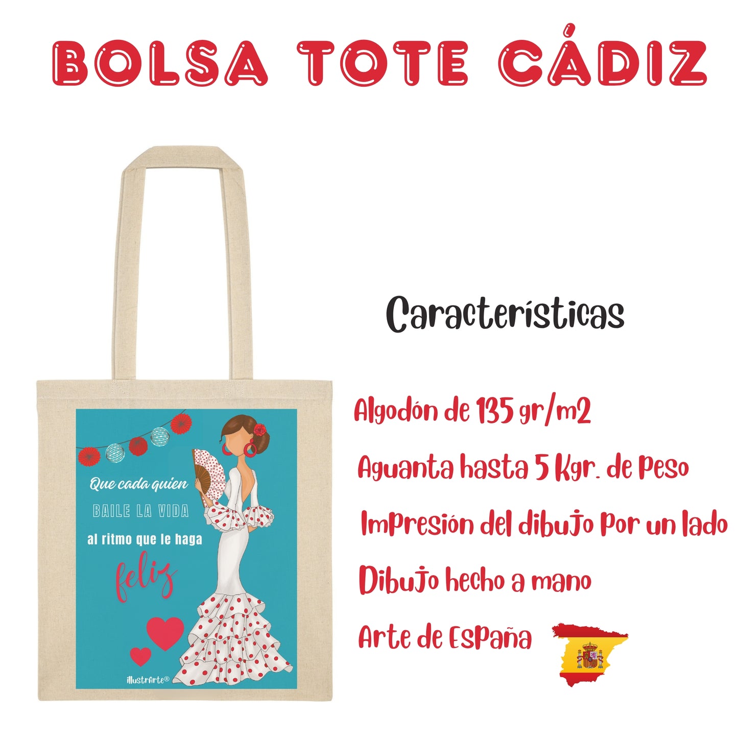 Pack Regalo Flamenca Pepa Feliz – Botella Térmica Roja con Vestido Blanco + Bolsa Cádiz “Pepa Feliz Fondo Turquesa”