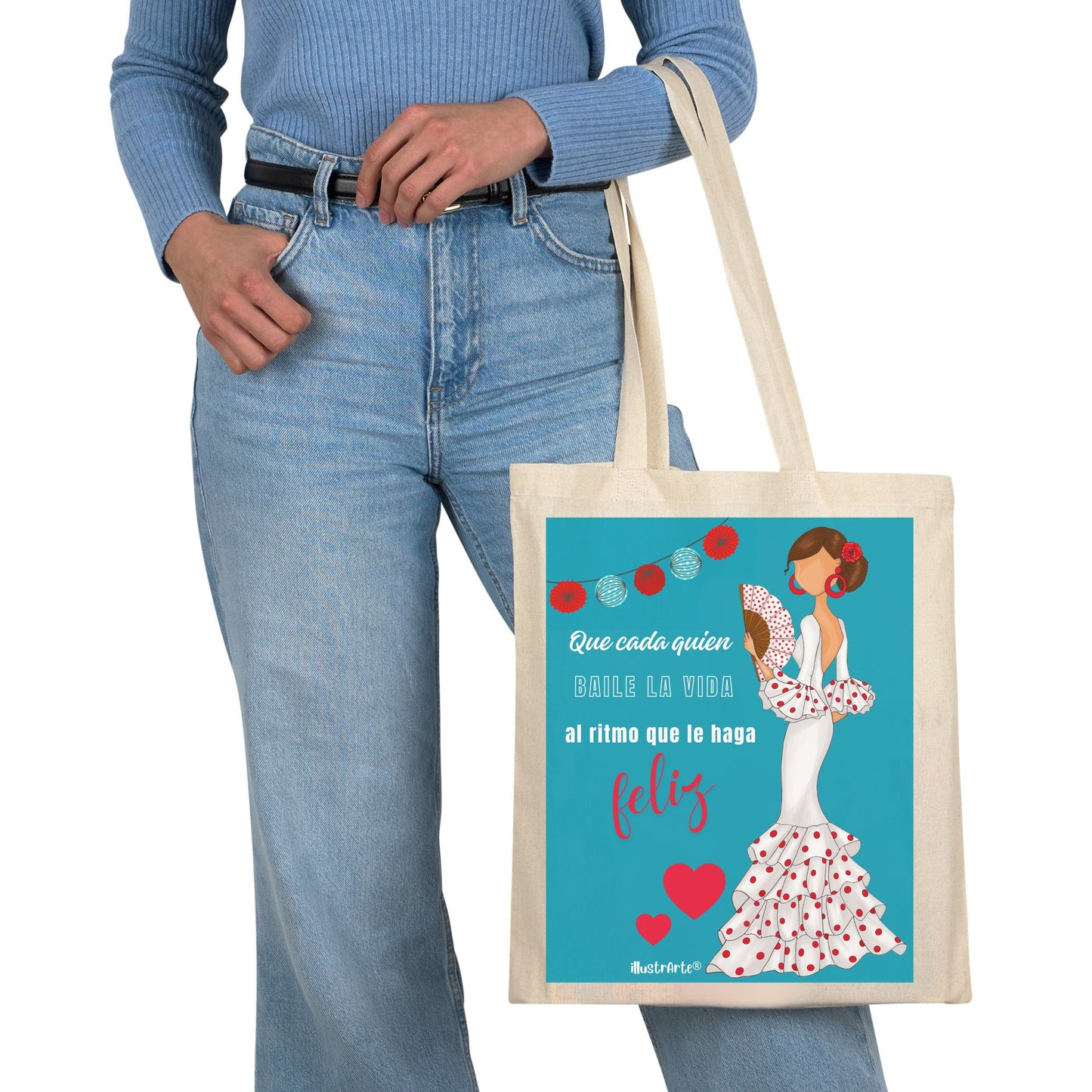 Pack Regalo Flamenca Pepa Feliz – Botella Térmica Roja con Vestido Blanco + Bolsa Cádiz “Pepa Feliz Fondo Turquesa”