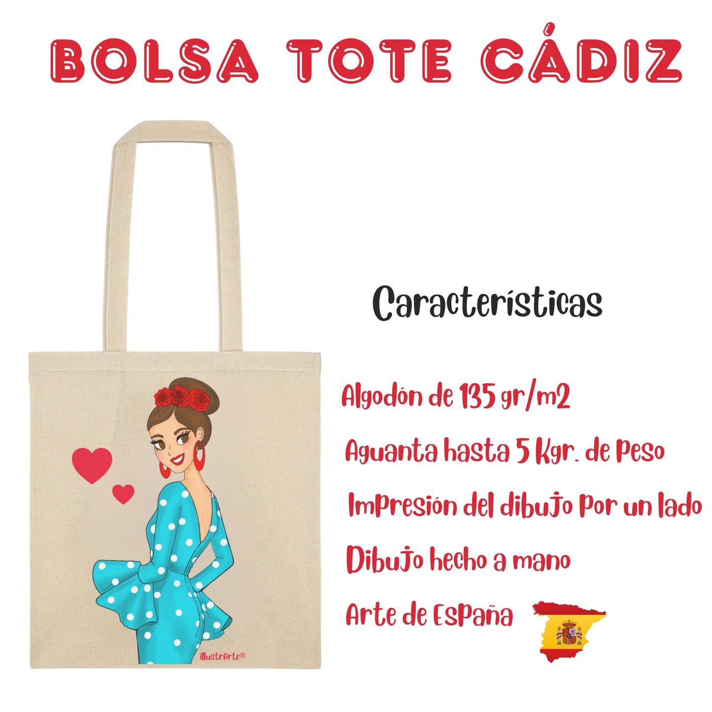 👜 IllustrArte Bolsa Tote Cádiz Diseño Flamenca “Paquita” | Algodón 135 g/m² (38 x 42 cm) | Asas Largas de 60 cm | Impresión en un Lado | Bolsa Reutilizable y Ligera (Soporta hasta 5 kg)