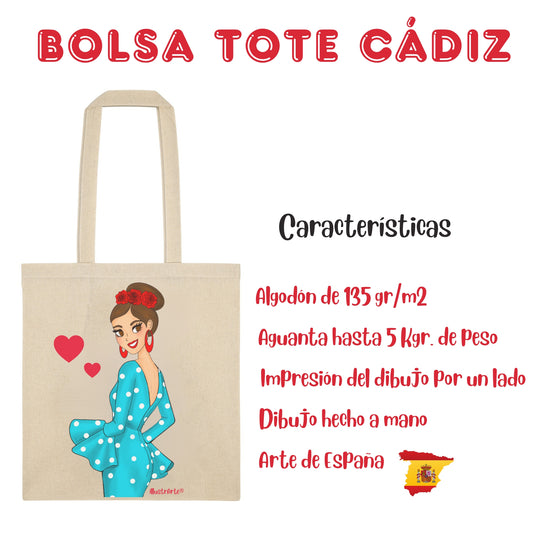 👜 IllustrArte Bolsa Tote Cádiz Diseño Flamenca “Paquita” | Algodón 135 g/m² (38 x 42 cm) | Asas Largas de 60 cm | Impresión en un Lado | Bolsa Reutilizable y Ligera (Soporta hasta 5 kg)