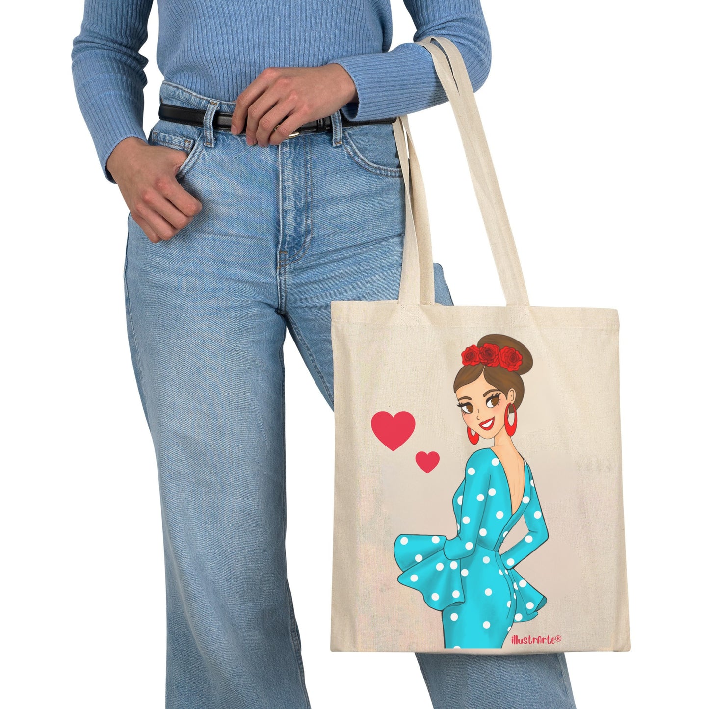 👜 IllustrArte Bolsa Tote Cádiz Diseño Flamenca “Paquita” | Algodón 135 g/m² (38 x 42 cm) | Asas Largas de 60 cm | Impresión en un Lado | Bolsa Reutilizable y Ligera (Soporta hasta 5 kg)