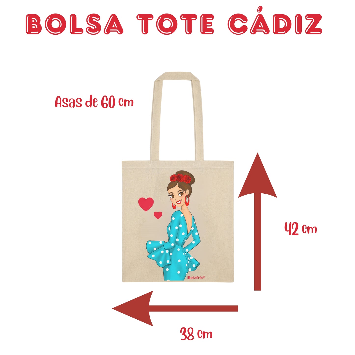 👜 IllustrArte Bolsa Tote Cádiz Diseño Flamenca “Paquita” | Algodón 135 g/m² (38 x 42 cm) | Asas Largas de 60 cm | Impresión en un Lado | Bolsa Reutilizable y Ligera (Soporta hasta 5 kg)