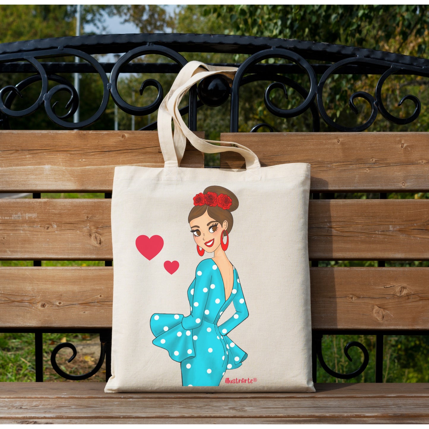 👜 IllustrArte Bolsa Tote Cádiz Diseño Flamenca “Paquita” | Algodón 135 g/m² (38 x 42 cm) | Asas Largas de 60 cm | Impresión en un Lado | Bolsa Reutilizable y Ligera (Soporta hasta 5 kg)