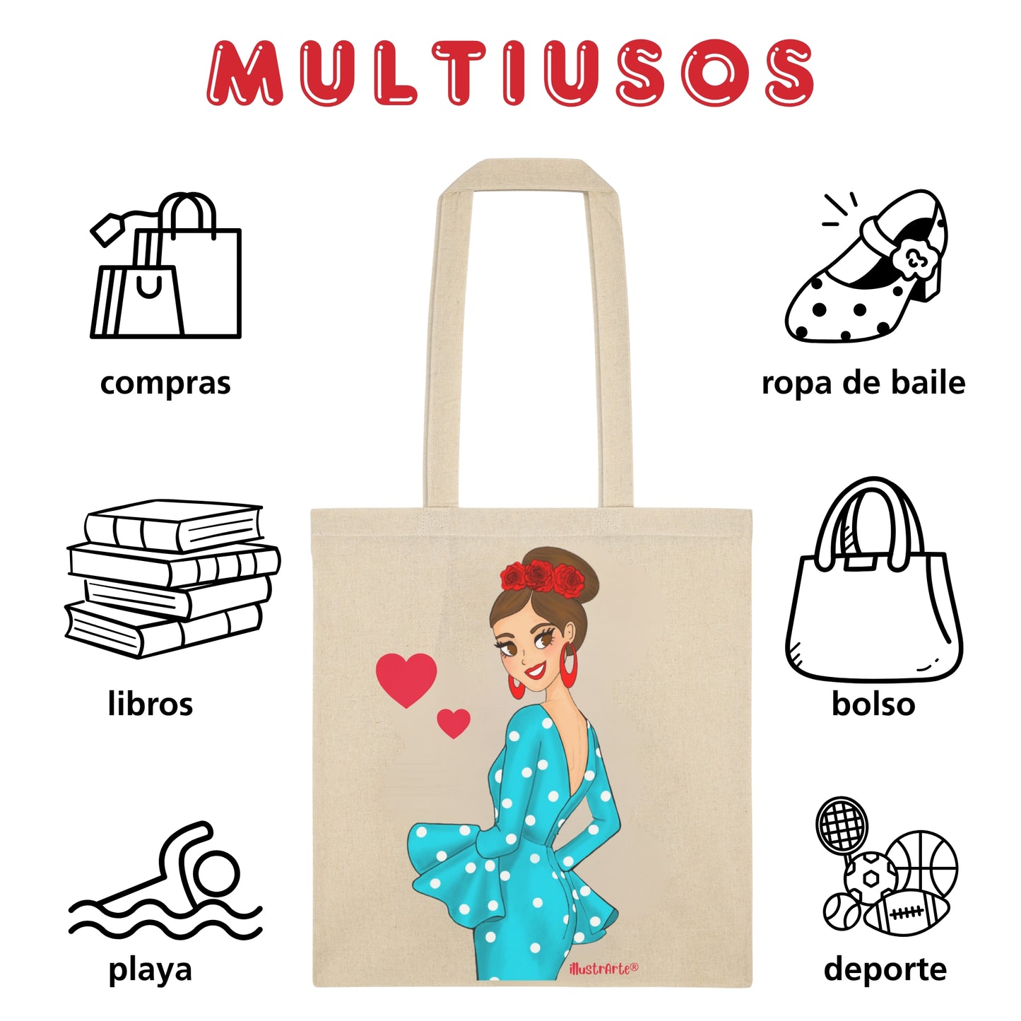 👜 IllustrArte Bolsa Tote Cádiz Diseño Flamenca “Paquita” | Algodón 135 g/m² (38 x 42 cm) | Asas Largas de 60 cm | Impresión en un Lado | Bolsa Reutilizable y Ligera (Soporta hasta 5 kg)