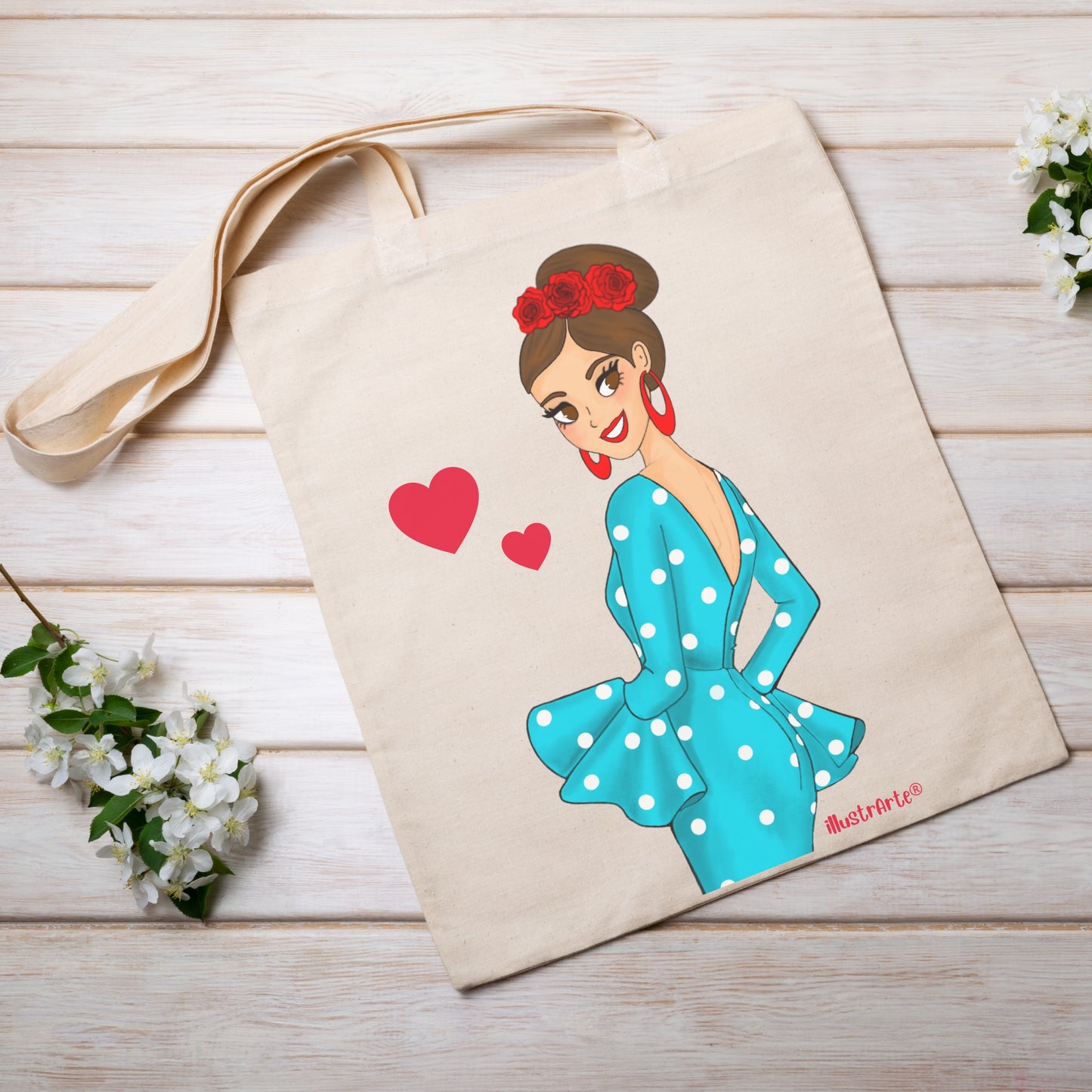 👜 IllustrArte Bolsa Tote Cádiz Diseño Flamenca “Paquita” | Algodón 135 g/m² (38 x 42 cm) | Asas Largas de 60 cm | Impresión en un Lado | Bolsa Reutilizable y Ligera (Soporta hasta 5 kg)