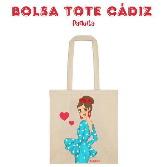 👜 IllustrArte Bolsa Tote Cádiz Diseño Flamenca “Paquita” | Algodón 135 g/m² (38 x 42 cm) | Asas Largas de 60 cm | Impresión en un Lado | Bolsa Reutilizable y Ligera (Soporta hasta 5 kg)