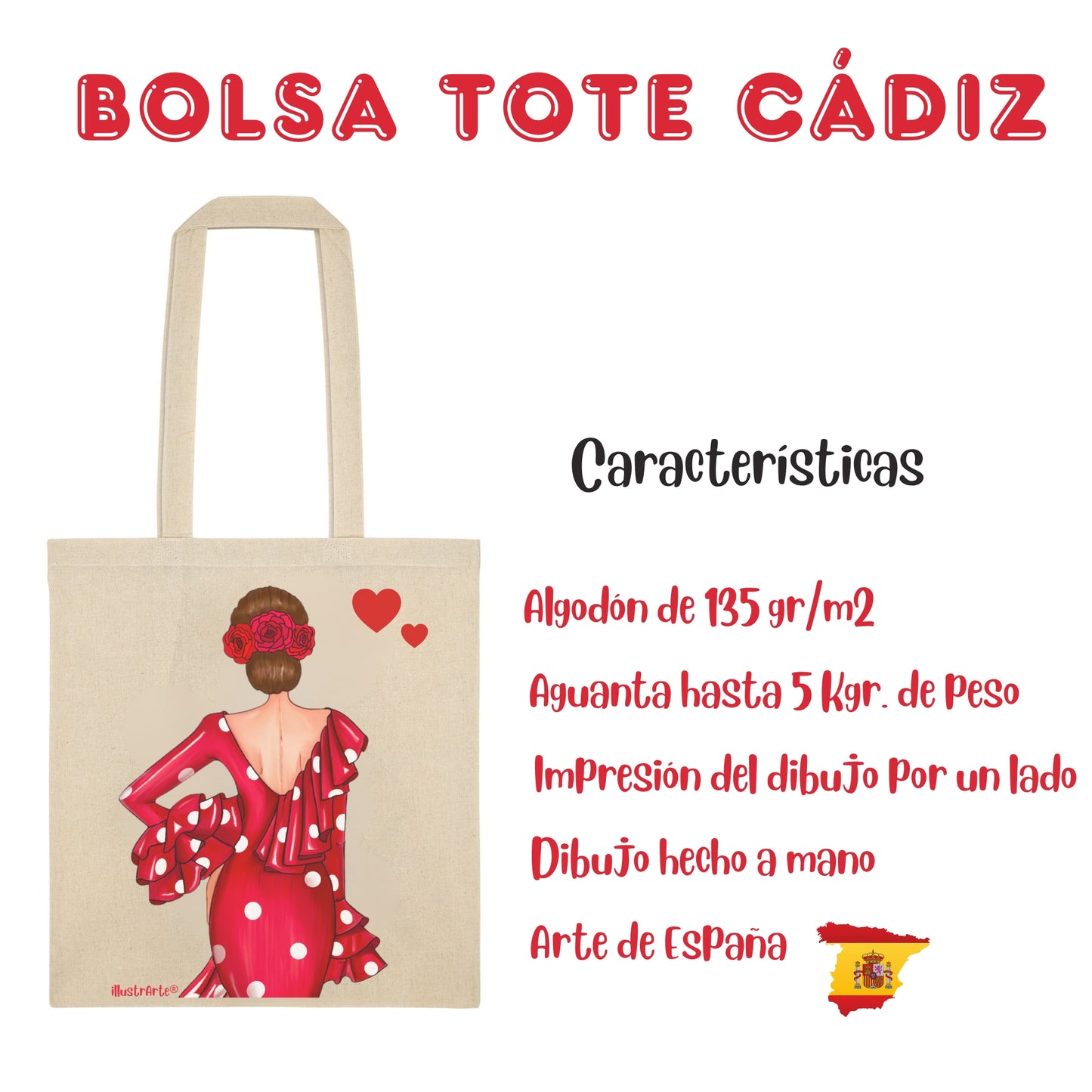 👜 IllustrArte Bolsa Tote Cádiz Diseño Flamenca “Macarena” | Algodón 135 g/m² (38 x 42 cm) | Asas Largas de 60 cm | Impresión en un Lado | Bolsa Reutilizable y Ligera (Soporta hasta 5 kg)