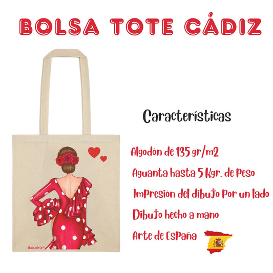 👜 IllustrArte Bolsa Tote Cádiz Diseño Flamenca “Macarena” | Algodón 135 g/m² (38 x 42 cm) | Asas Largas de 60 cm | Impresión en un Lado | Bolsa Reutilizable y Ligera (Soporta hasta 5 kg)